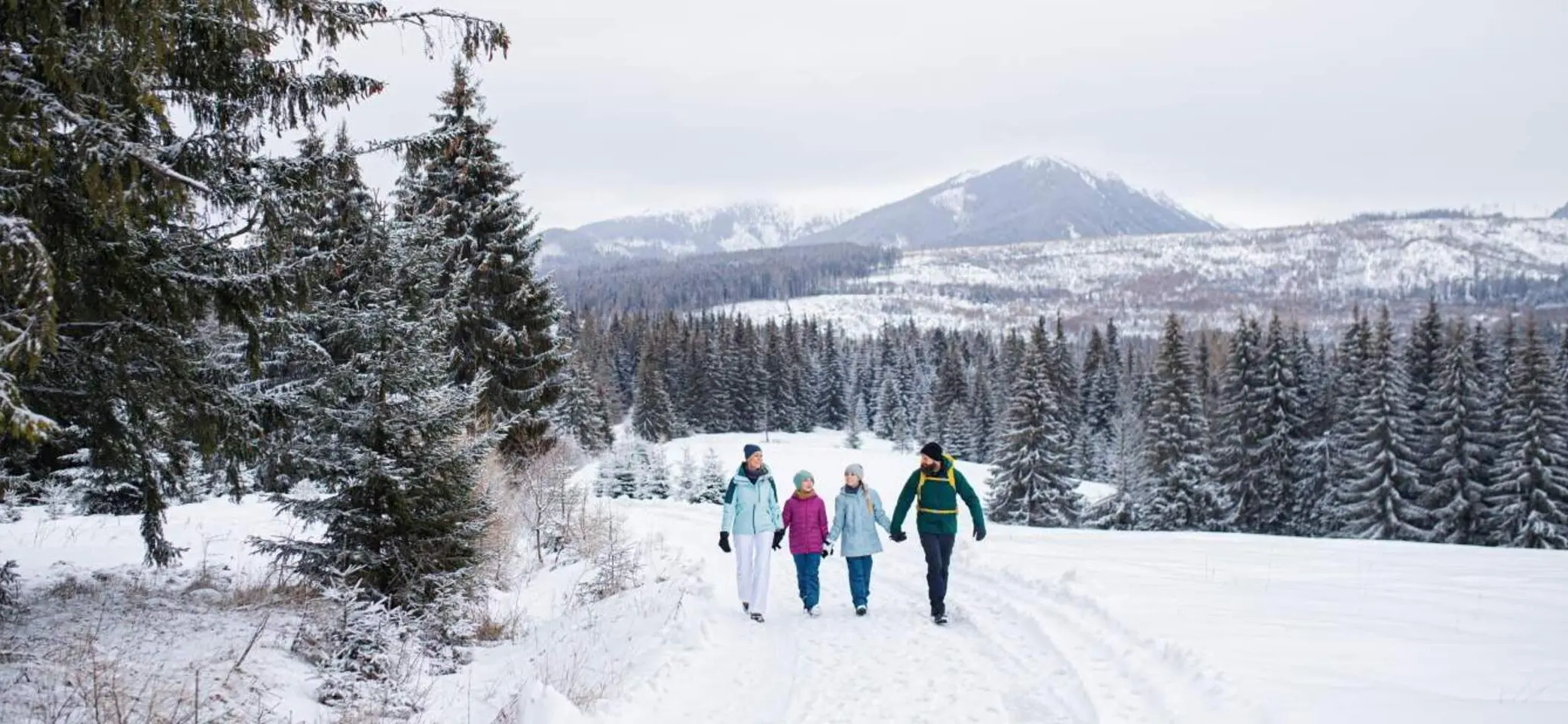 Eine Familie wandert Hand in Hand im Winter bei Schnee | © Adobe Stock